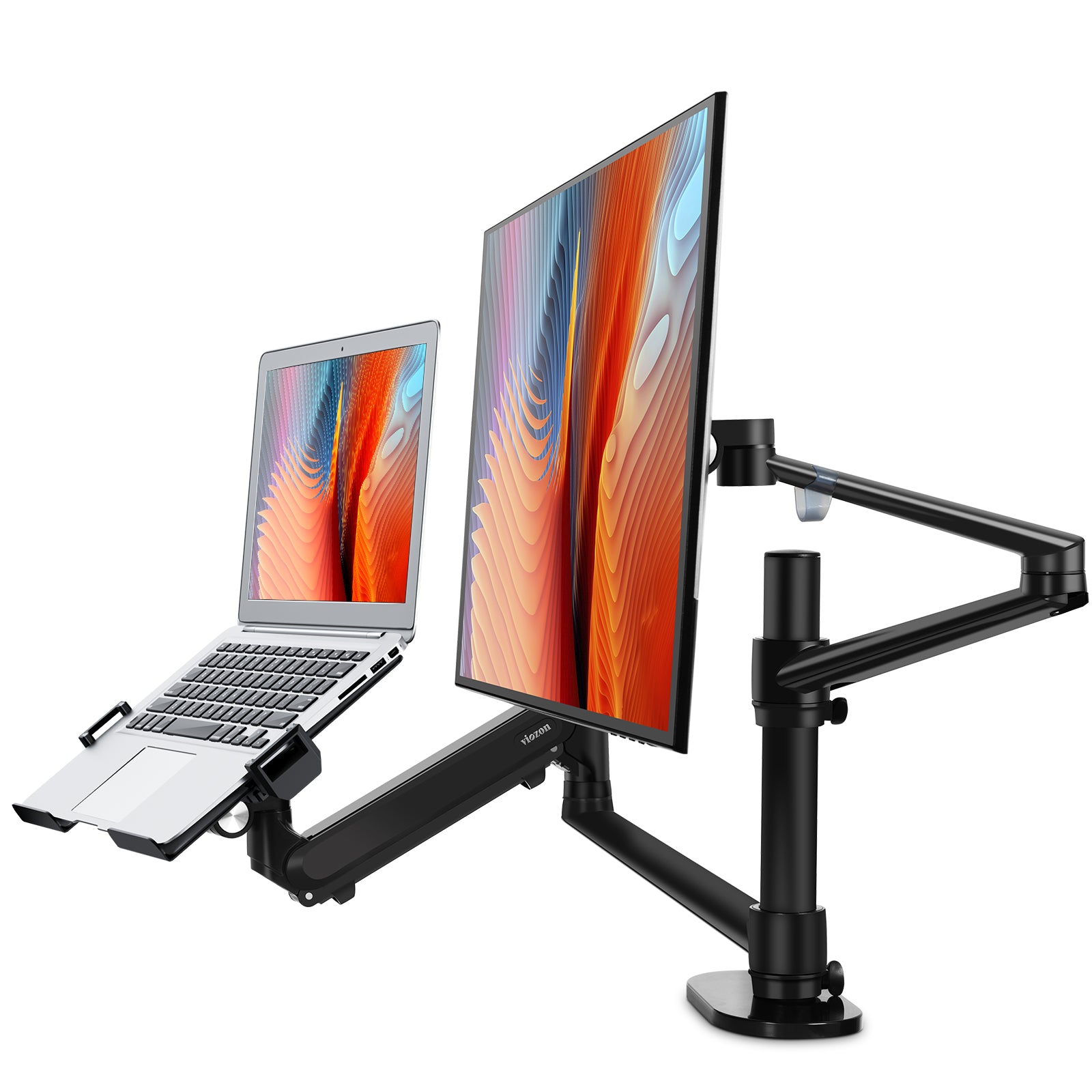 Viozon Monitor and Laptop Mount, 2-in-1 Adjustable Dual Monitor Arm Desk Stand, Single Gas Spring Arm with Laptop Tray for 12-17 Laptop. Single Arm